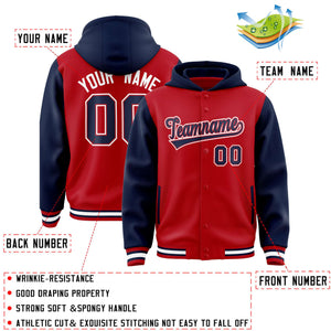 Custom Red Navy Raglan Sleeves Varsity Full-Snap Letterman Two Tone Hoodie Jacket