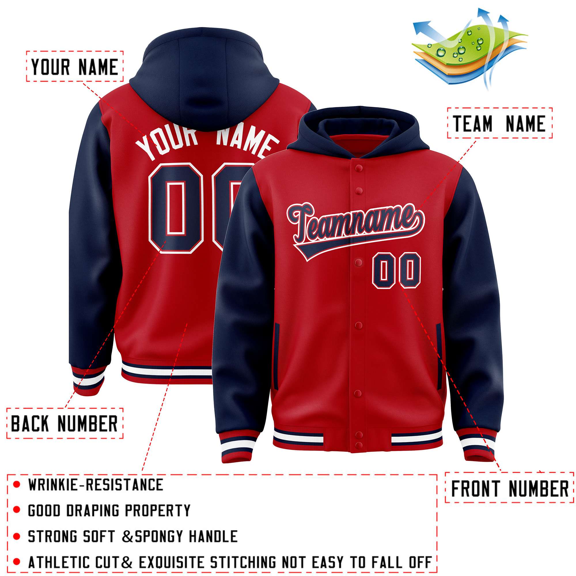 Custom Red Navy Raglan Sleeves Varsity Full-Snap Letterman Two Tone Hoodie Jacket