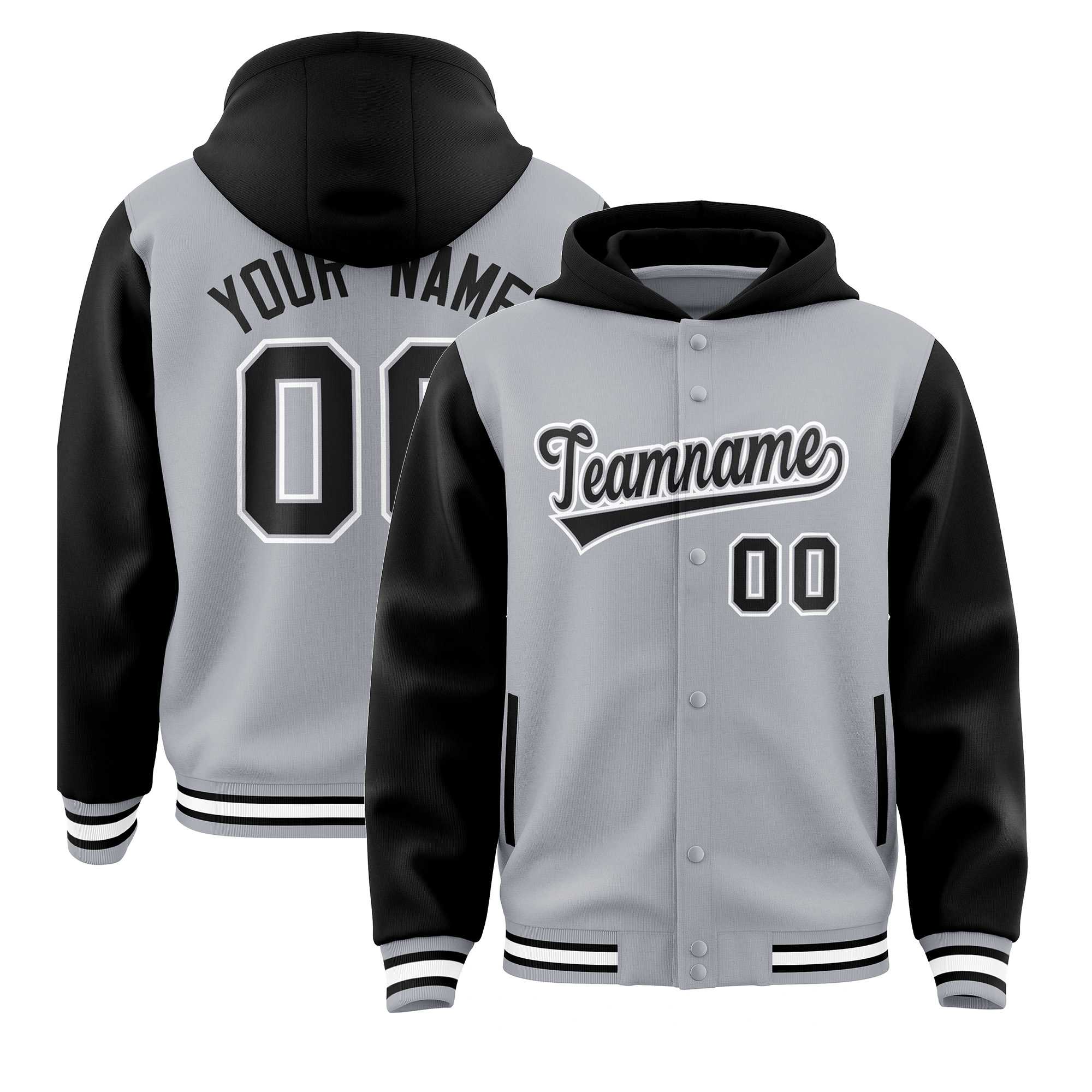 Custom Gray Black Raglan Sleeves Varsity Full-Snap Letterman Two Tone Hoodie Jacket