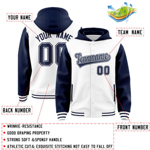 Custom White Navy Raglan Sleeves Varsity Full-Snap Letterman Two Tone Hoodie Jacket