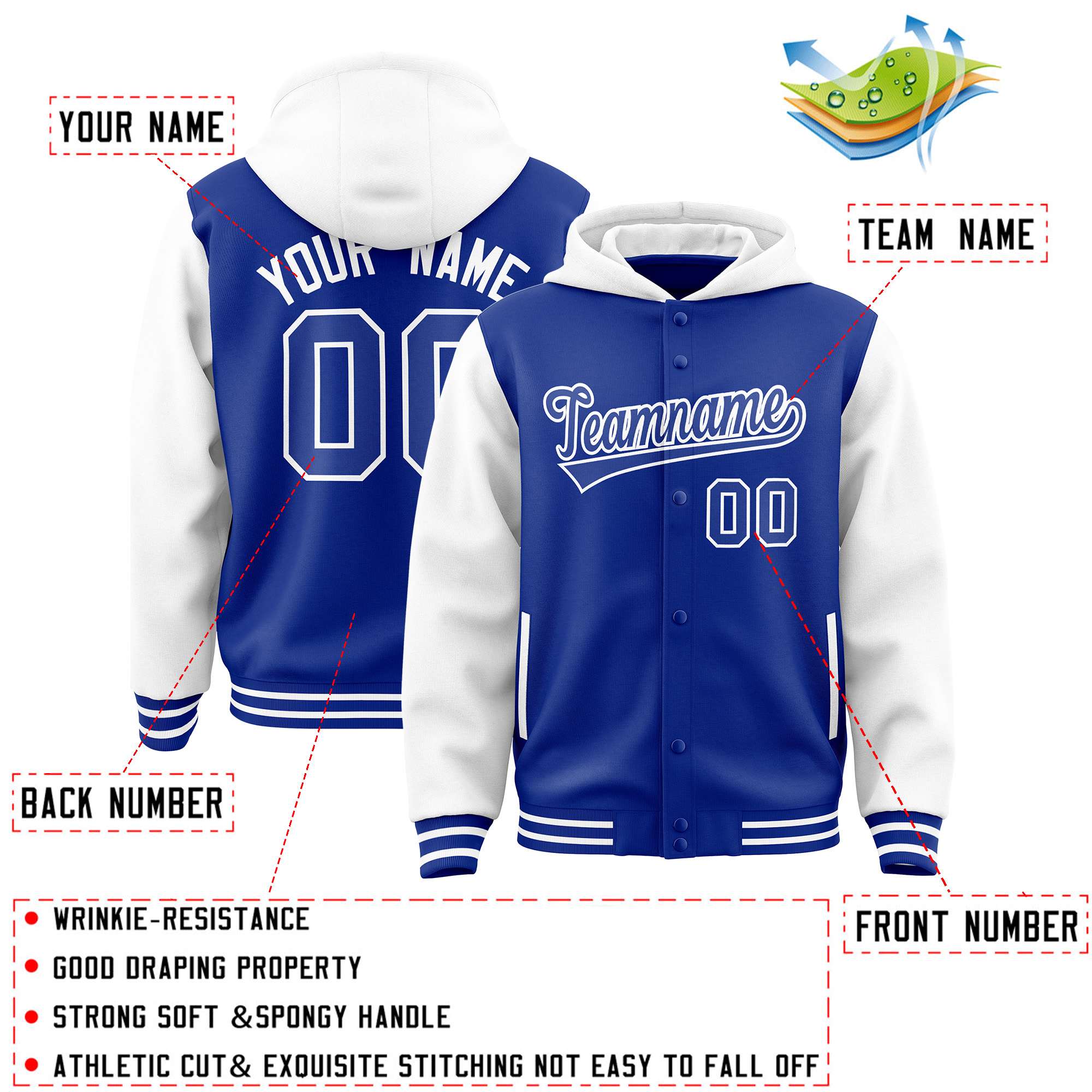 Custom Royal White Raglan Sleeves Varsity Full-Snap Letterman Two Tone Hoodie Jacket