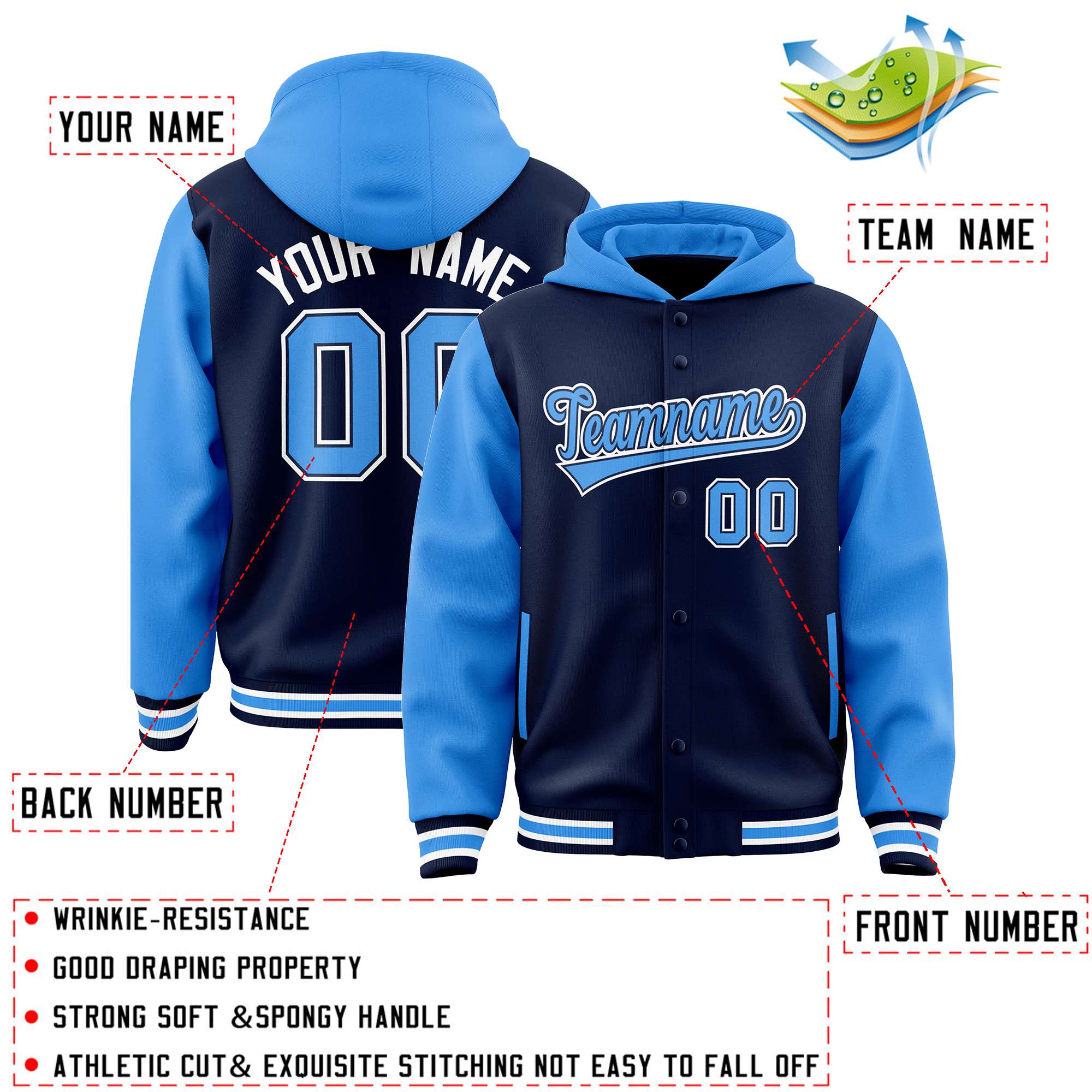 Custom Navy Powder Blue Raglan Sleeves Varsity Full-Snap Letterman Two Tone Hoodie Jacket