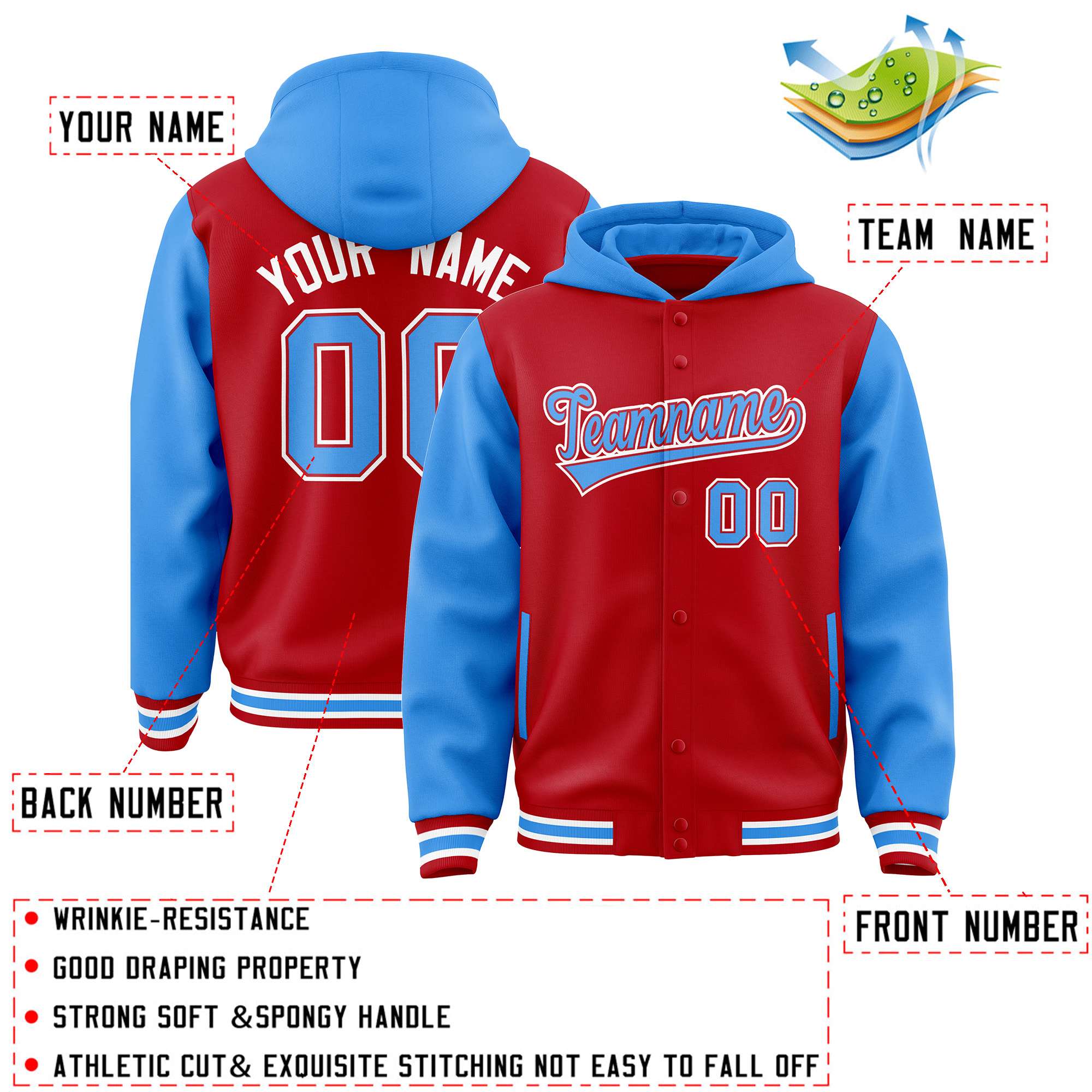 Custom Red Powder Blue Raglan Sleeves Varsity Full-Snap Letterman Two Tone Hoodie Jacket