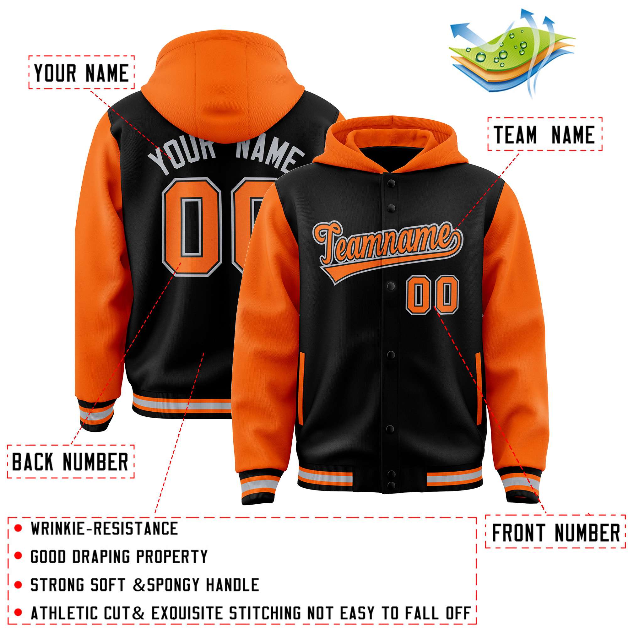 Custom Black Orange Raglan Sleeves Varsity Full-Snap Letterman Two Tone Hoodie Jacket