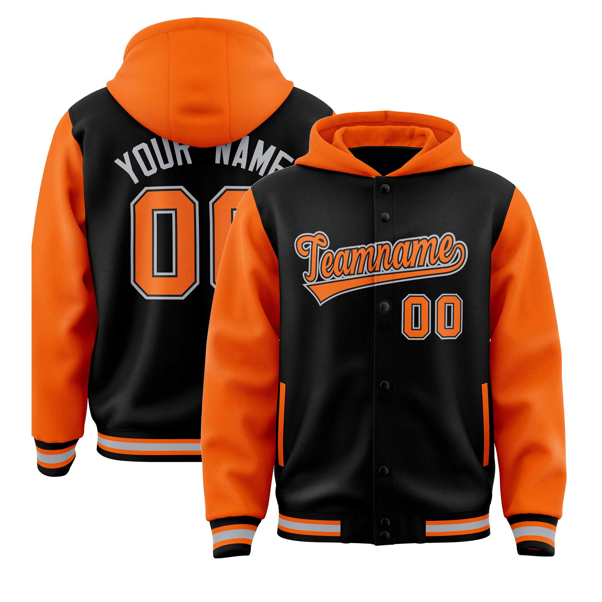 Custom Black Orange Raglan Sleeves Varsity Full-Snap Letterman Two Tone Hoodie Jacket