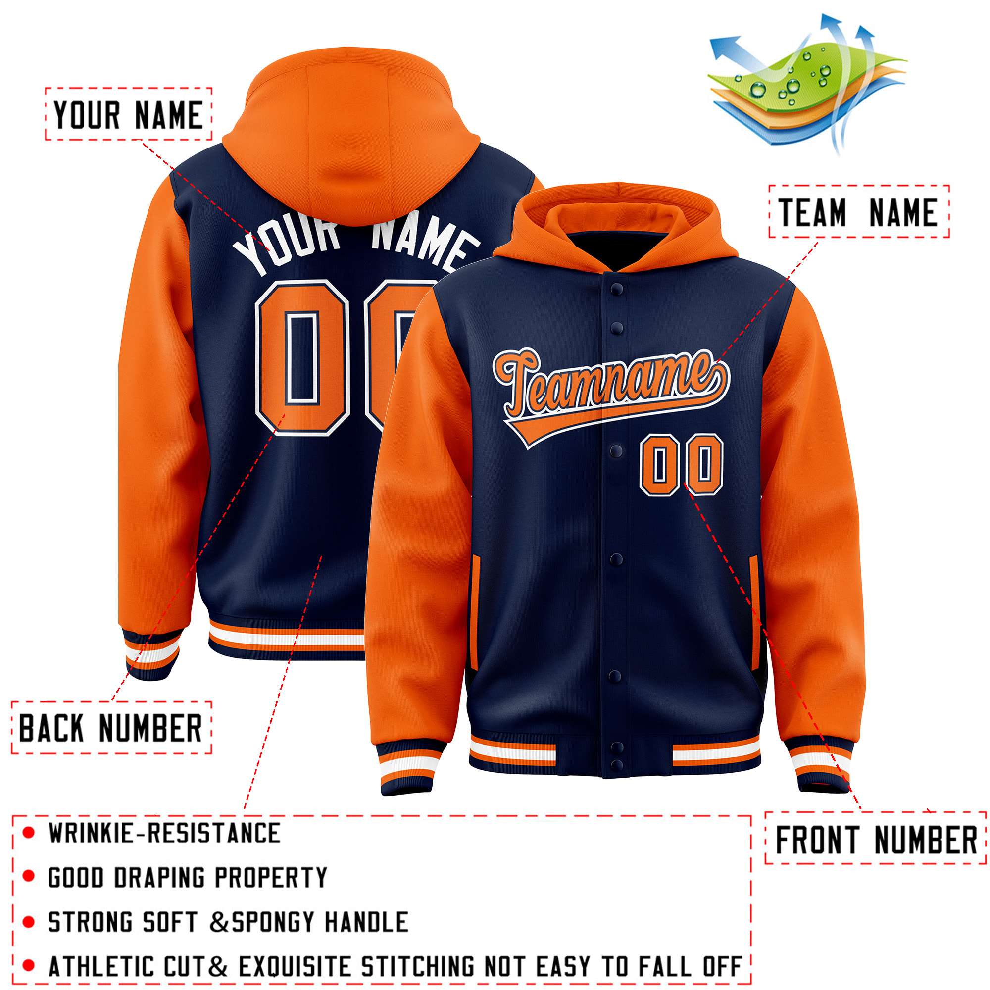 Custom Navy Orange Raglan Sleeves Varsity Full-Snap Letterman Two Tone Hoodie Jacket