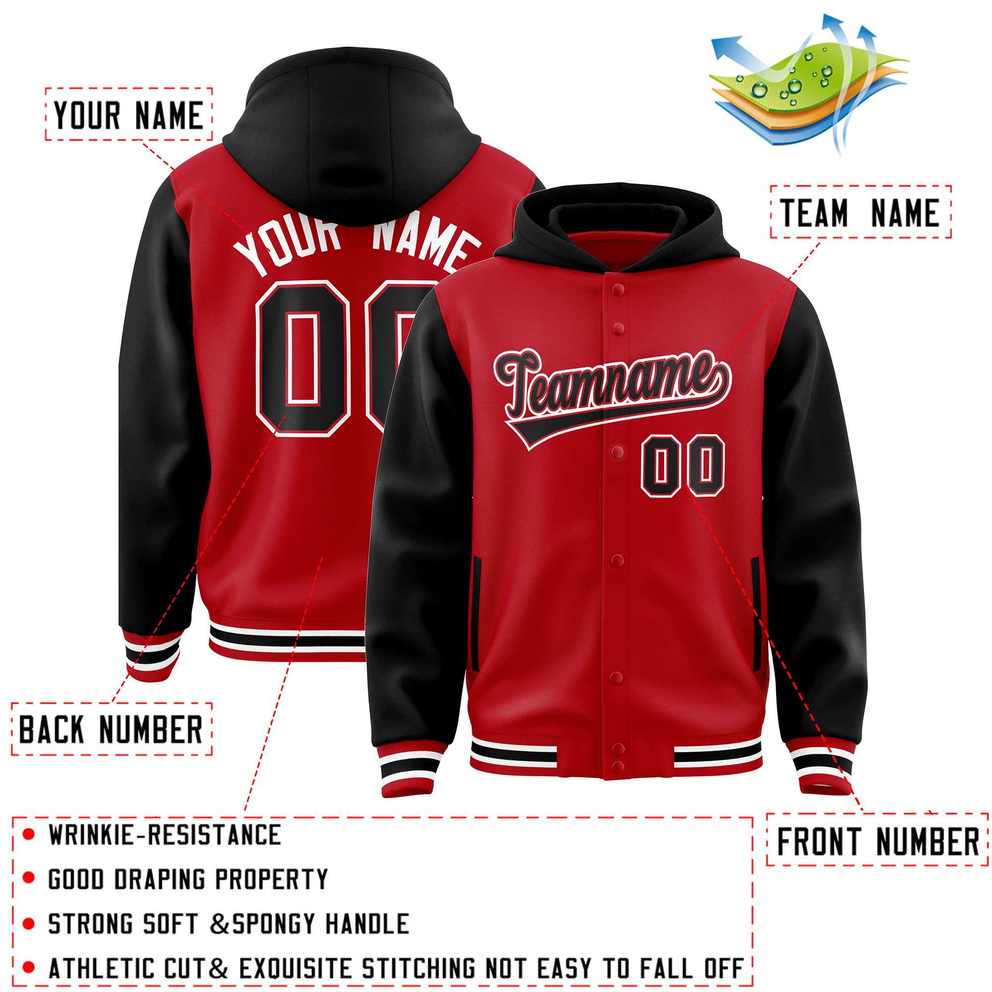 Custom Red Black Raglan Sleeves Varsity Full-Snap Letterman Two Tone Hoodie Jacket