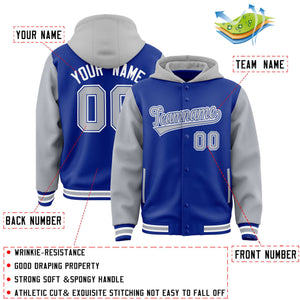 Custom Royal Gray Raglan Sleeves Varsity Full-Snap Letterman Two Tone Hoodie Jacket