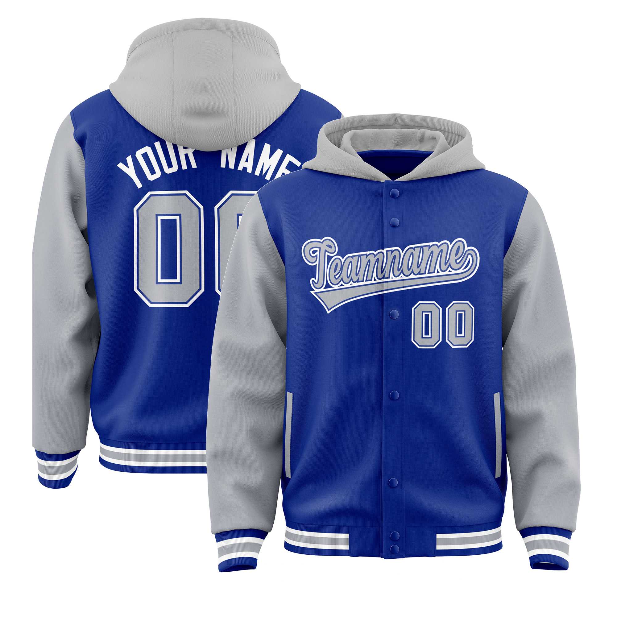 Custom Royal Gray Raglan Sleeves Varsity Full-Snap Letterman Two Tone Hoodie Jacket