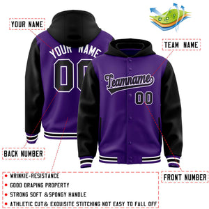 Custom Purple Black Raglan Sleeves Varsity Full-Snap Letterman Two Tone Hoodie Jacket