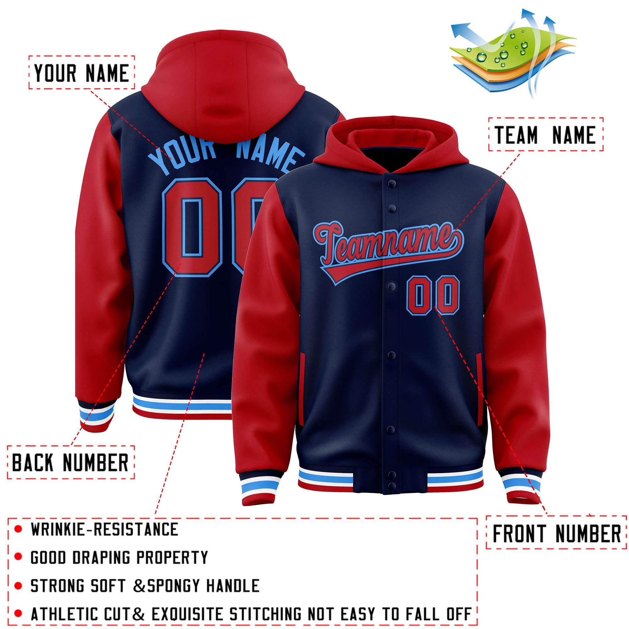 Custom Navy Red Raglan Sleeves Varsity Full-Snap Letterman Two Tone Hoodie Jacket