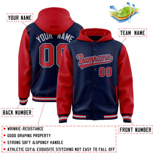 Custom Navy Red Raglan Sleeves Varsity Full-Snap Letterman Two Tone Hoodie Jacket