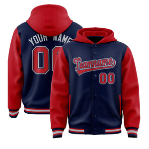 Custom Navy Red Raglan Sleeves Varsity Full-Snap Letterman Two Tone Hoodie Jacket