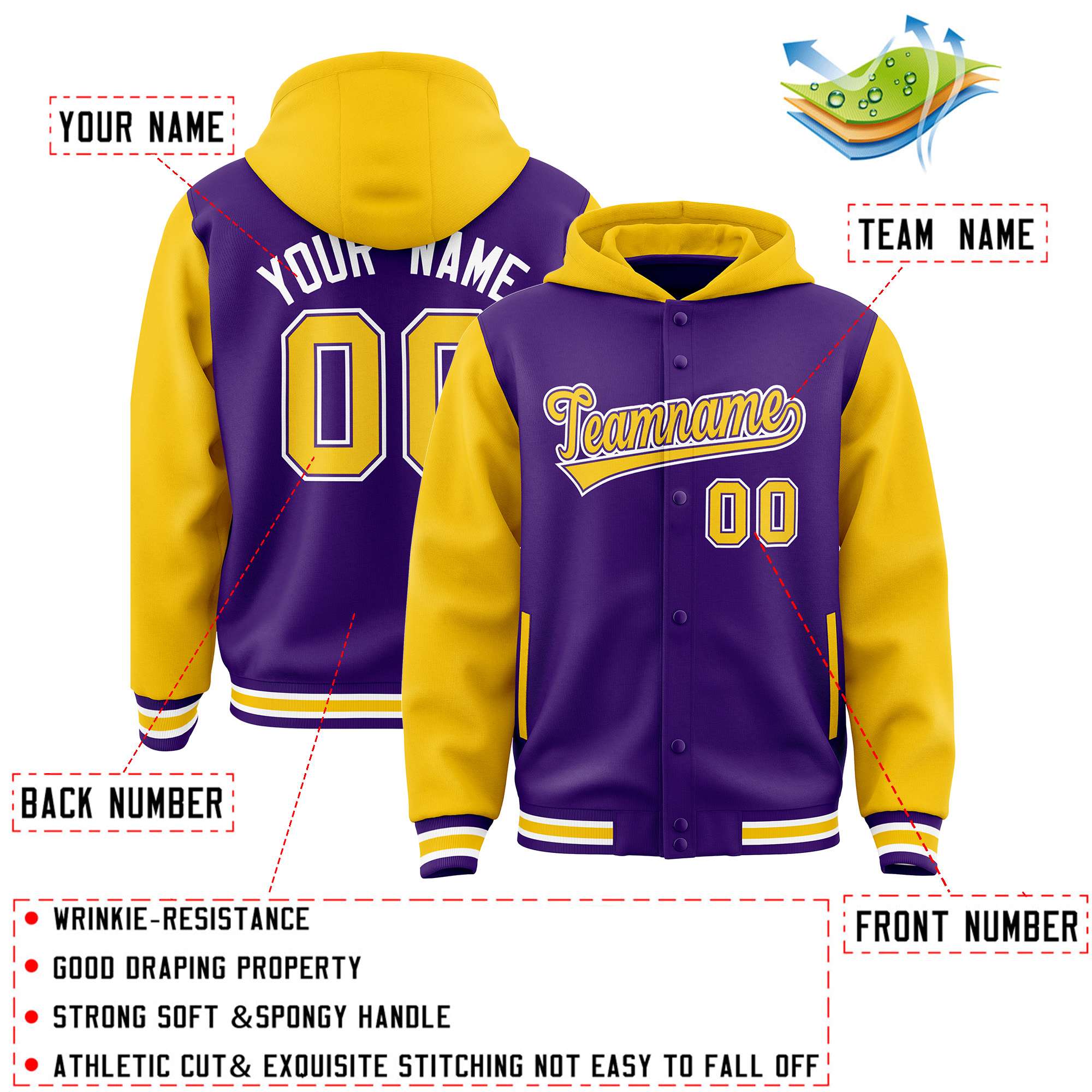 Custom Purple Gold Raglan Sleeves Varsity Full-Snap Letterman Two Tone Hoodie Jacket