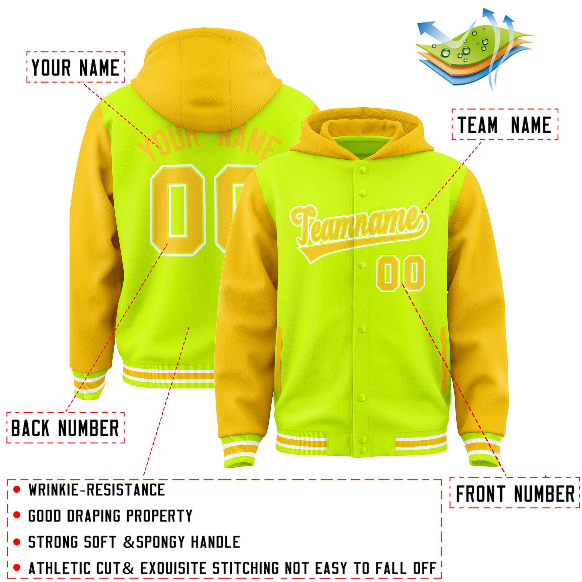 Custom Neon Green Gold Raglan Sleeves Varsity Full-Snap Letterman Two Tone Hoodie Jacket