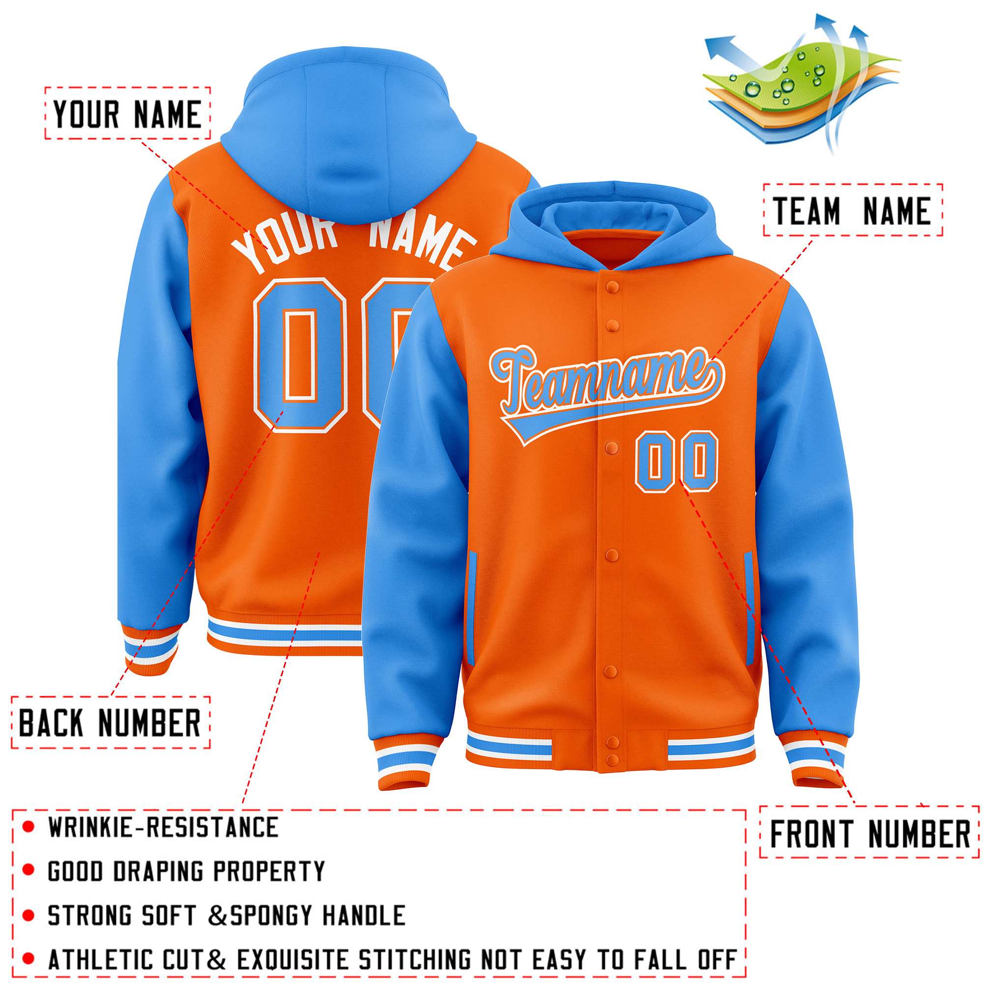 Custom Orange Powder Blue Raglan Sleeves Varsity Full-Snap Letterman Two Tone Hoodie Jacket