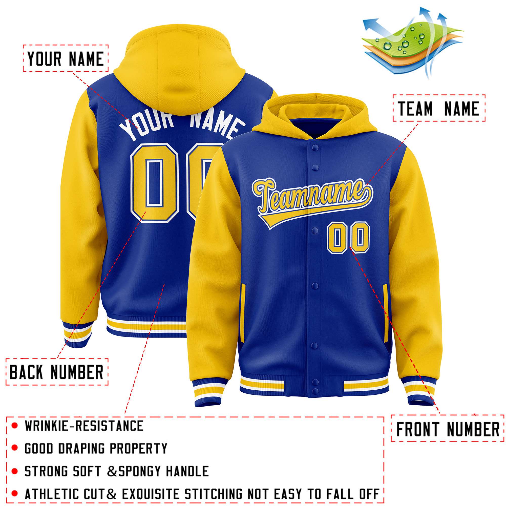 Custom Royal Gold Raglan Sleeves Varsity Full-Snap Letterman Two Tone Hoodie Jacket