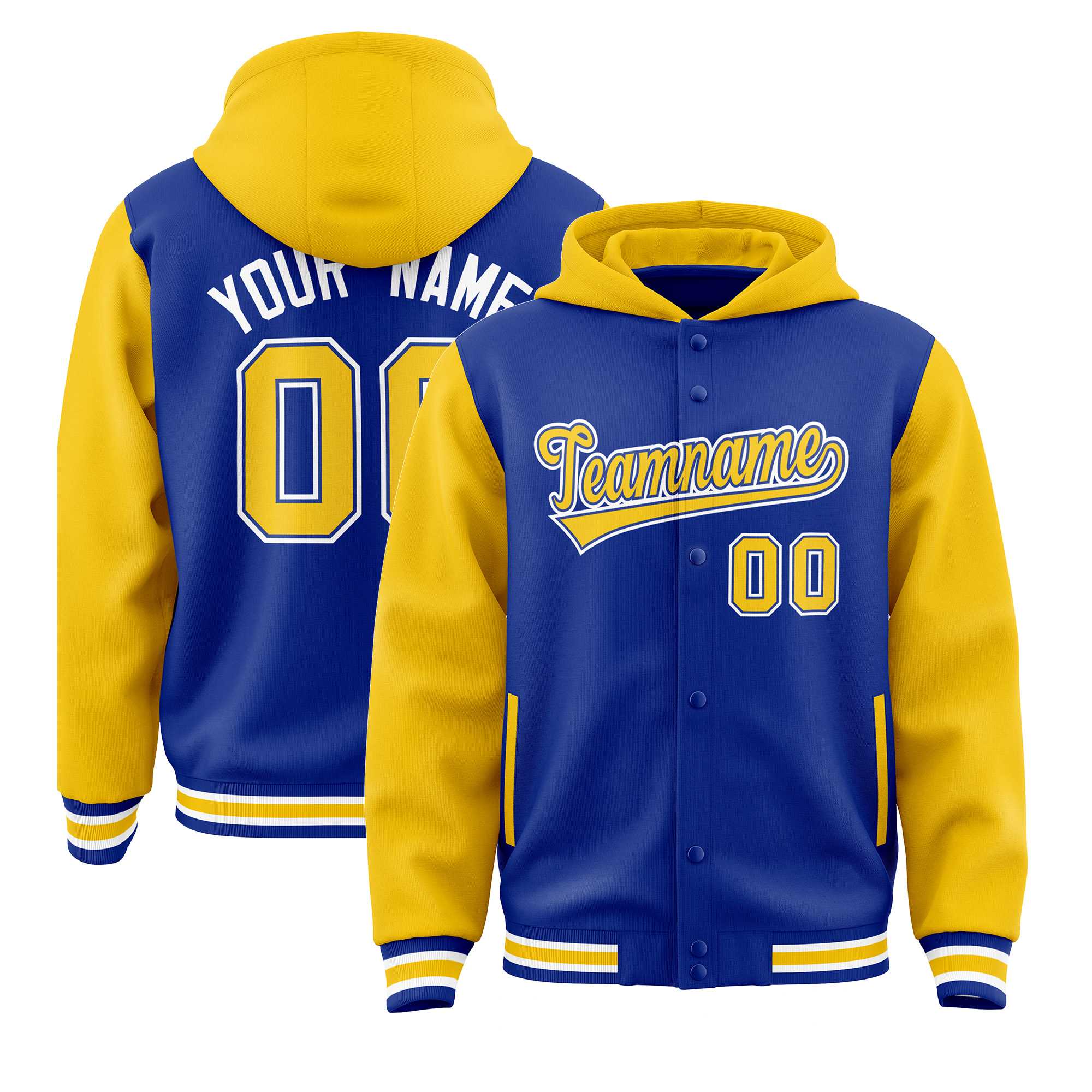 Custom Royal Gold Raglan Sleeves Varsity Full-Snap Letterman Two Tone Hoodie Jacket