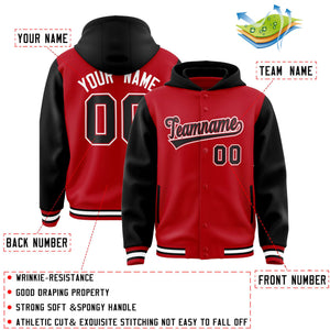 Custom Red Black Raglan Sleeves Varsity Full-Snap Letterman Two Tone Hoodie Jacket