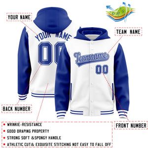 Custom White Royal Raglan Sleeves Varsity Full-Snap Letterman Two Tone Hoodie Jacket