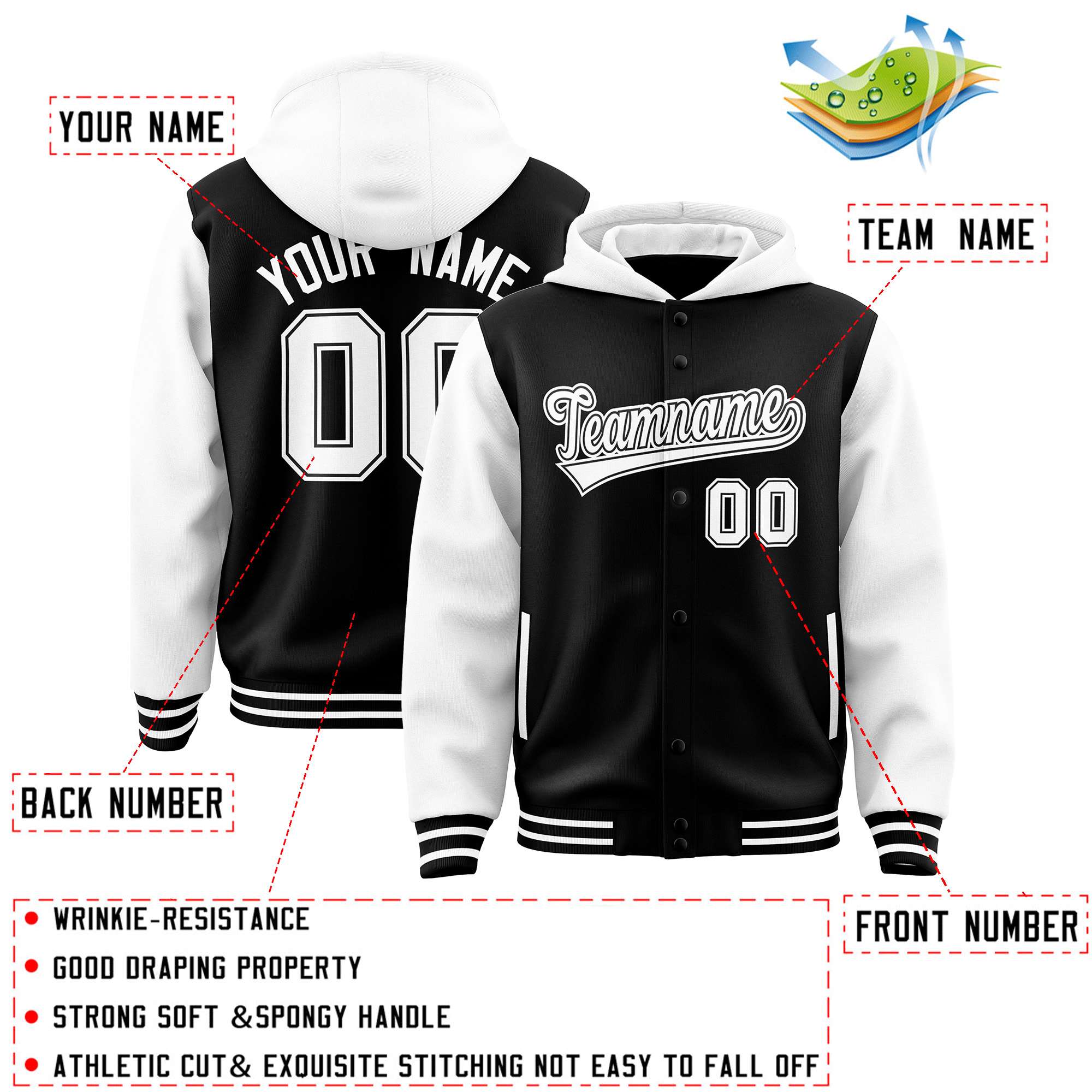 Custom Black White Raglan Sleeves Varsity Full-Snap Letterman Two Tone Hoodie Jacket