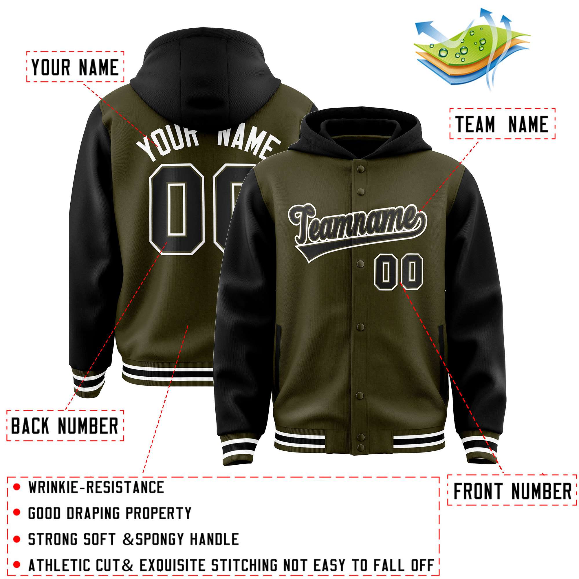 Custom Olive Black Raglan Sleeves Varsity Full-Snap Letterman Two Tone Hoodie Jacket