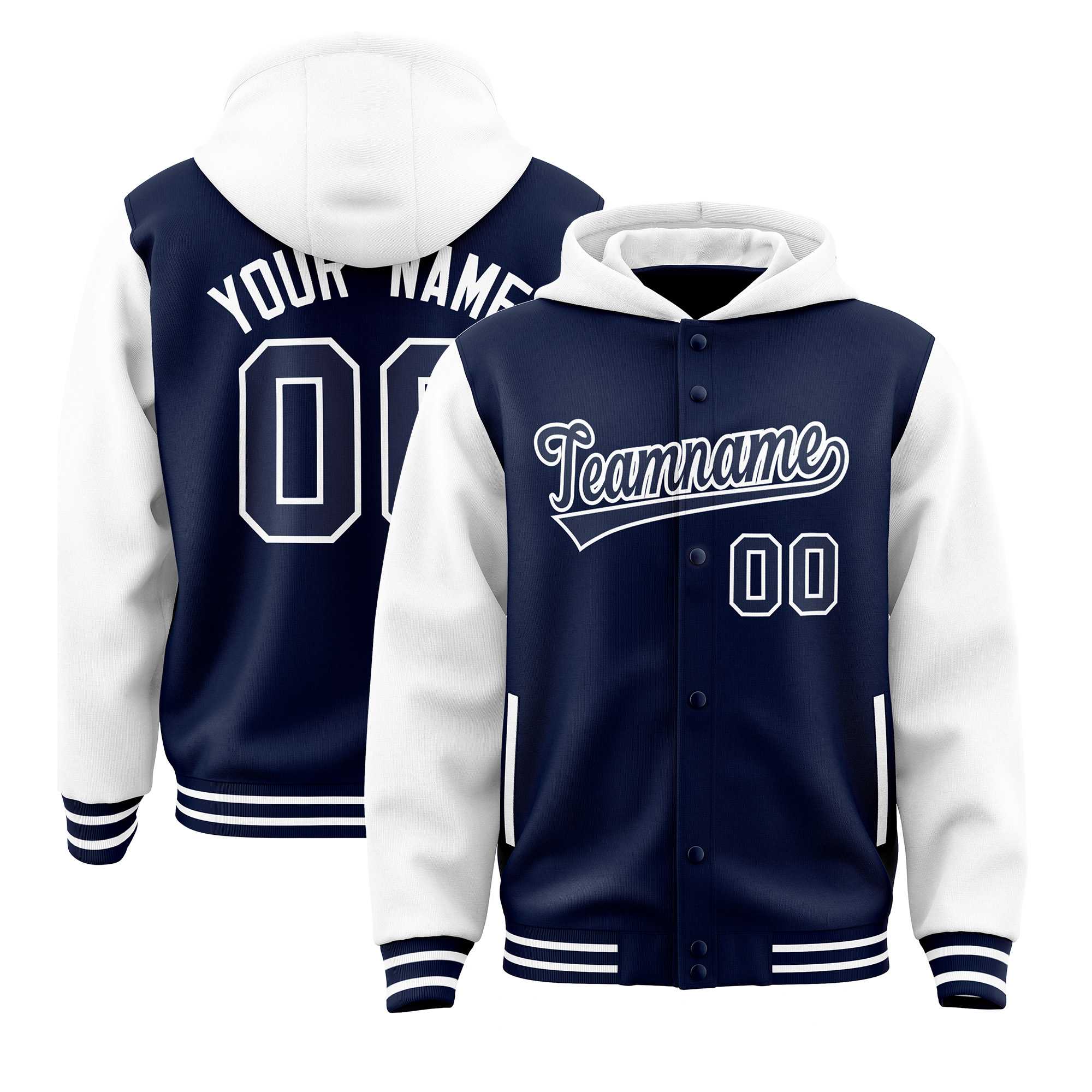 Custom Navy White Raglan Sleeves Varsity Full-Snap Letterman Two Tone Hoodie Jacket