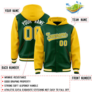 Custom Green Gold Raglan Sleeves Varsity Full-Snap Letterman Two Tone Hoodie Jacket