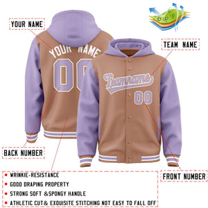 Custom Teabrown Light Purple Raglan Sleeves Varsity Full-Snap Letterman Two Tone Hoodie Jacket