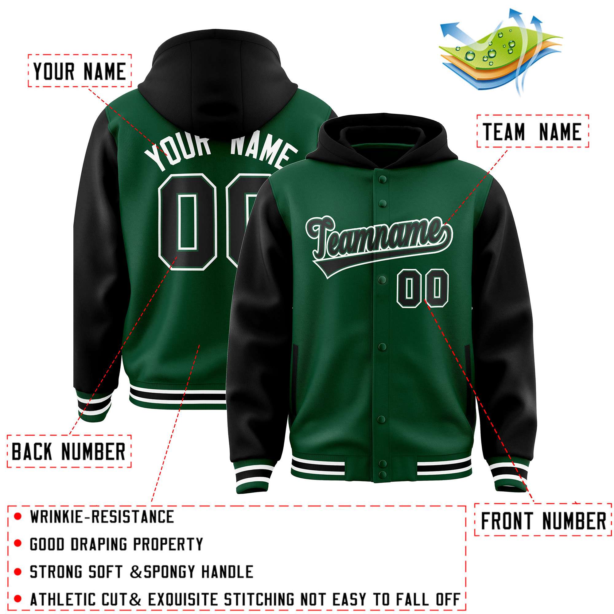 Custom Green Black Raglan Sleeves Varsity Full-Snap Letterman Two Tone Hoodie Jacket