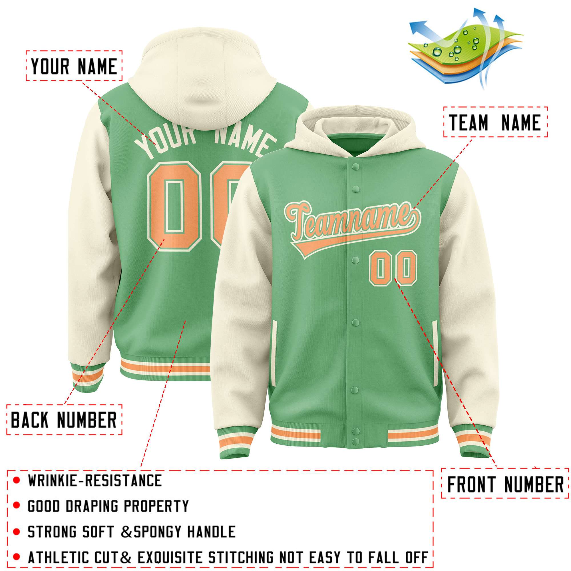 Custom Green Cream Raglan Sleeves Varsity Full-Snap Letterman Two Tone Hoodie Jacket