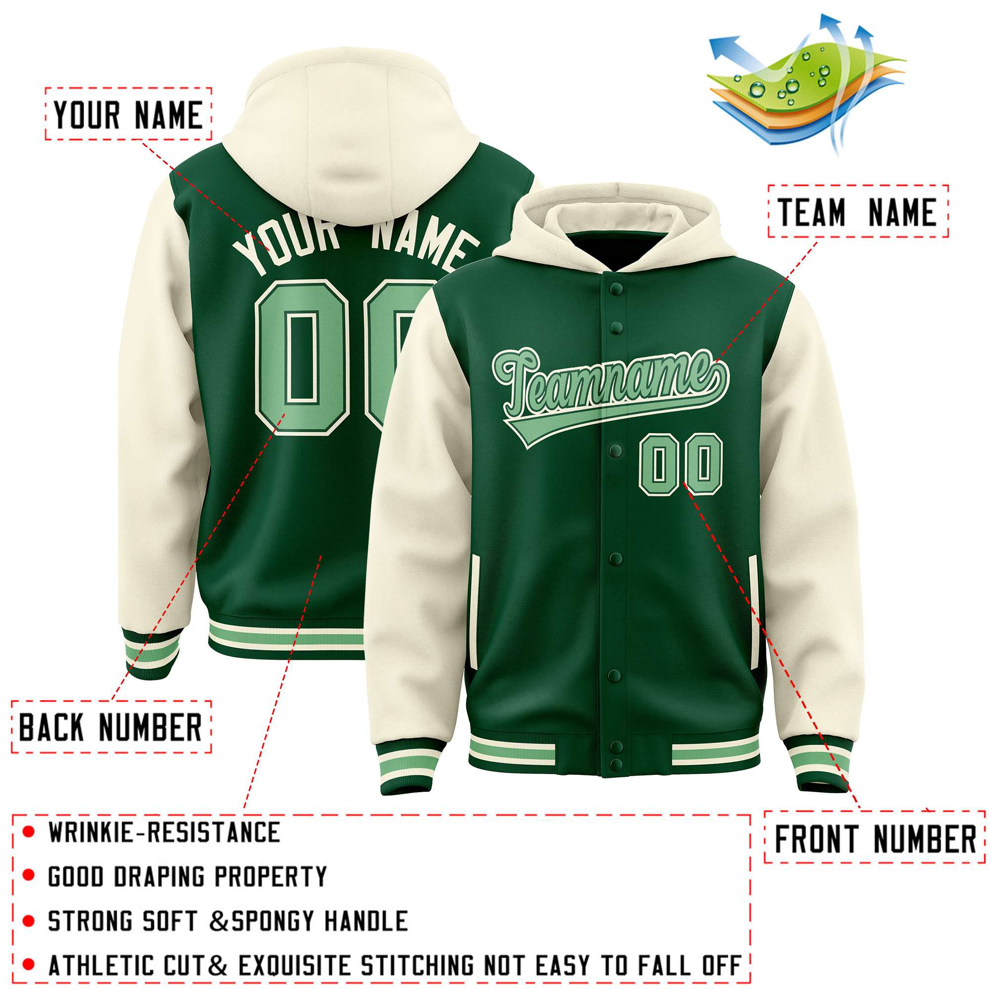 Custom Green Cream Raglan Sleeves Varsity Full-Snap Letterman Two Tone Hoodie Jacket