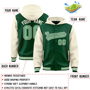 Custom Green Cream Raglan Sleeves Varsity Full-Snap Letterman Two Tone Hoodie Jacket