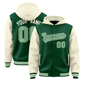 Custom Green Cream Raglan Sleeves Varsity Full-Snap Letterman Two Tone Hoodie Jacket