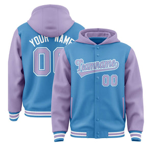 Custom Powder Blue Light Purple Raglan Sleeves Varsity Full-Snap Letterman Two Tone Hoodie Jacket