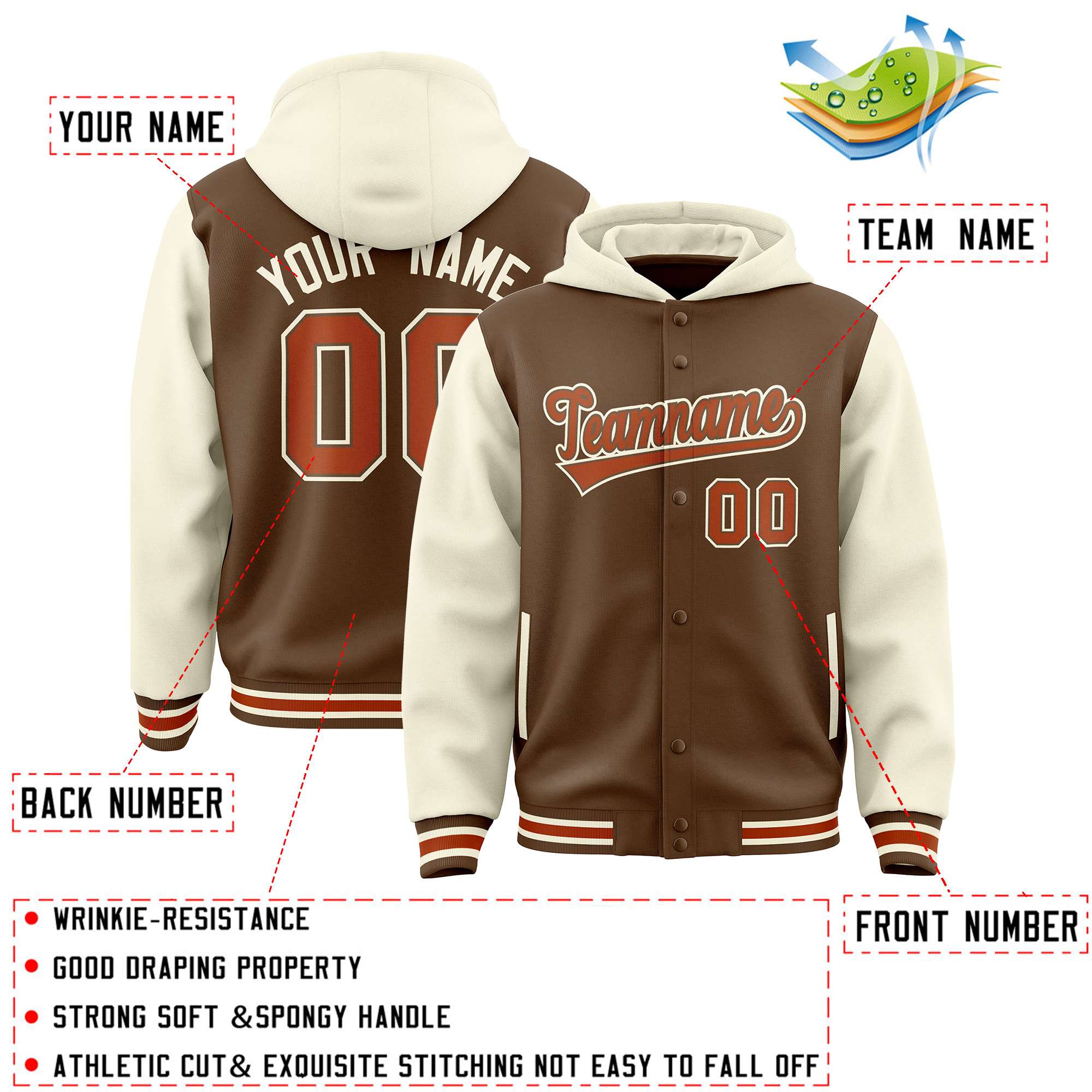 Custom Light Brown Cream Raglan Sleeves Varsity Full-Snap Letterman Two Tone Hoodie Jacket