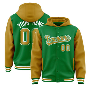 Custom Kelly Green Old Gold Raglan Sleeves Varsity Full-Snap Letterman Two Tone Hoodie Jacket