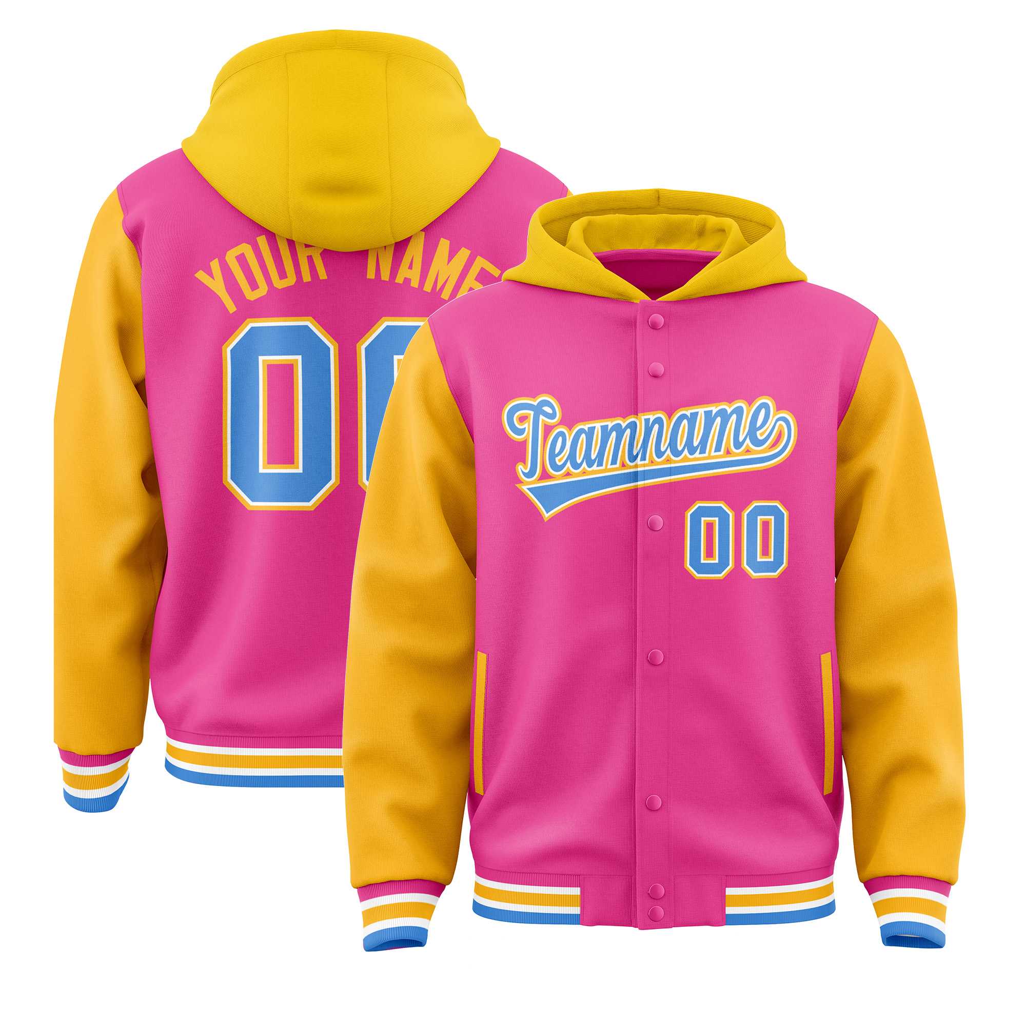 Custom Pink Gold Raglan Sleeves Varsity Full-Snap Letterman Two Tone Hoodie Jacket