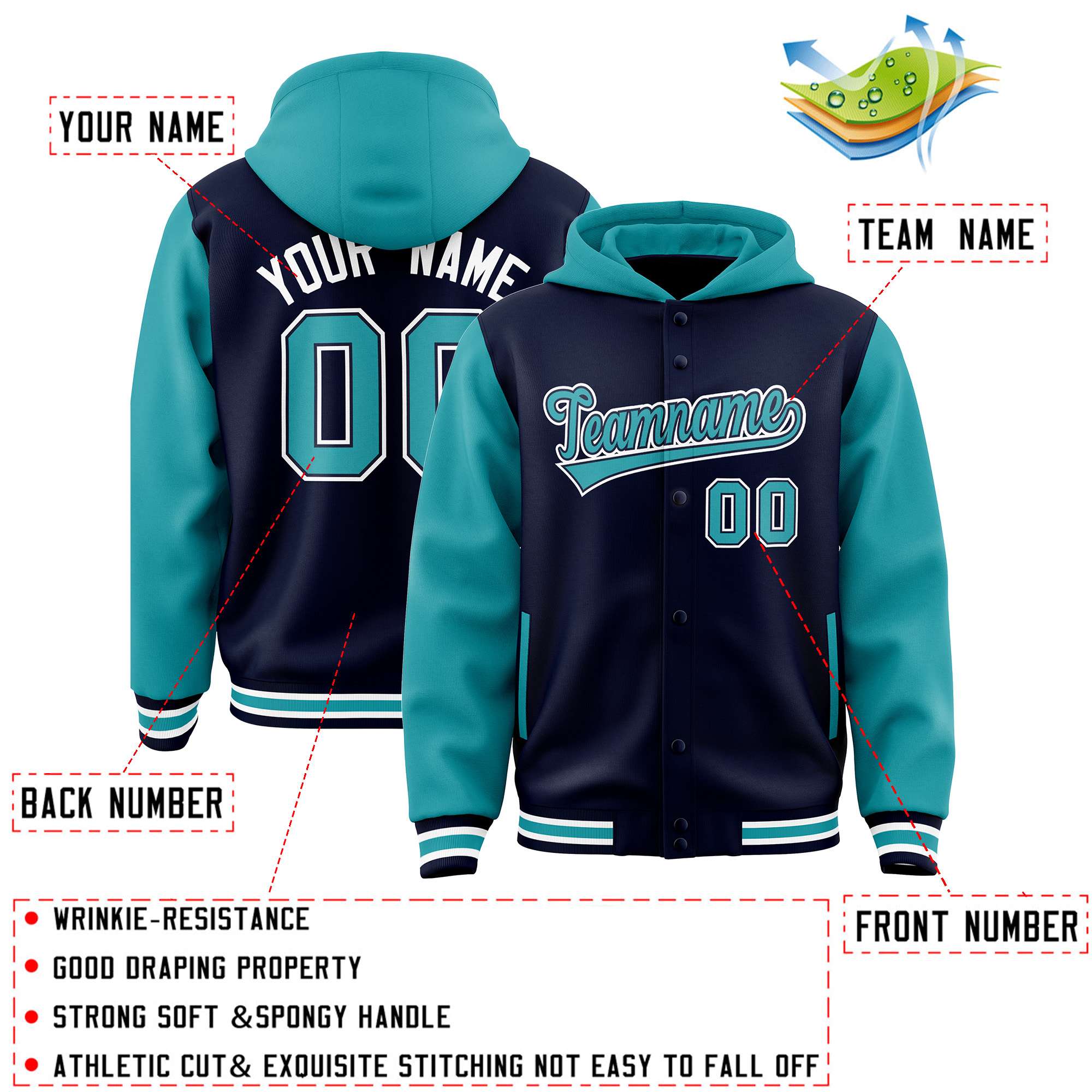 Custom Navy Aqua Raglan Sleeves Varsity Full-Snap Letterman Two Tone Hoodie Jacket