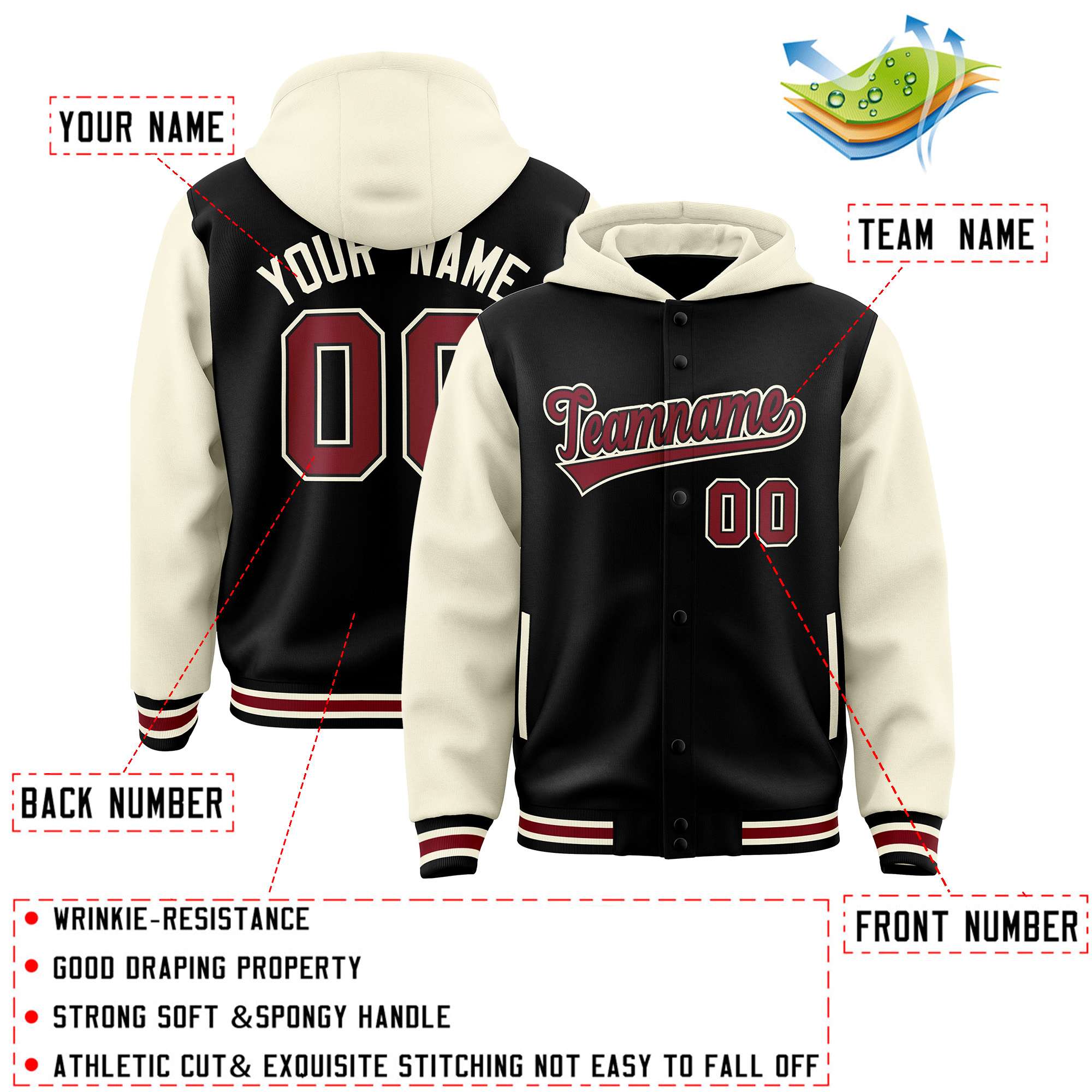 Custom Black Cream Raglan Sleeves Varsity Full-Snap Letterman Two Tone Hoodie Jacket