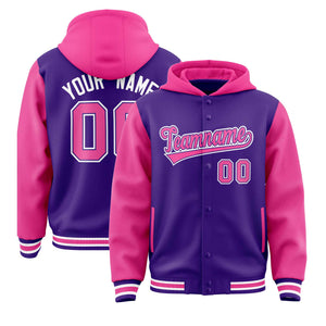 Custom Purple Pink Raglan Sleeves Varsity Full-Snap Letterman Two Tone Hoodie Jacket