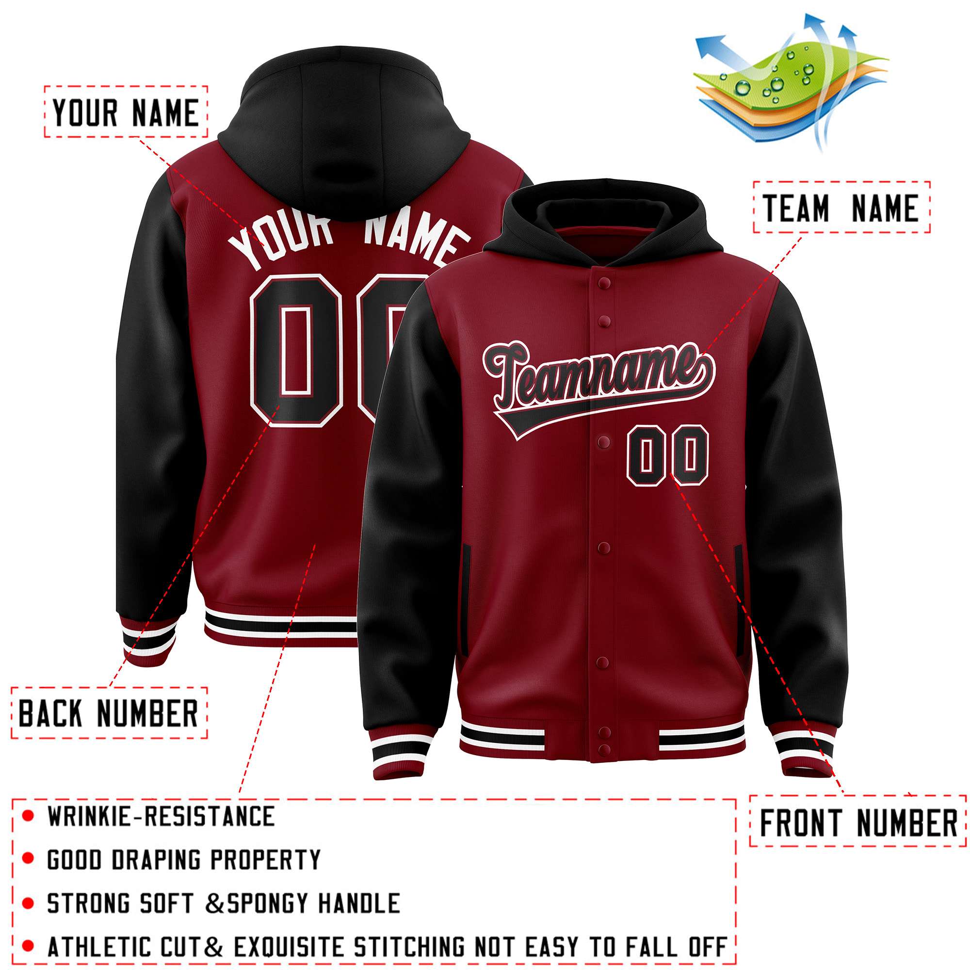 Custom Crimson Black Raglan Sleeves Varsity Full-Snap Letterman Two Tone Hoodie Jacket