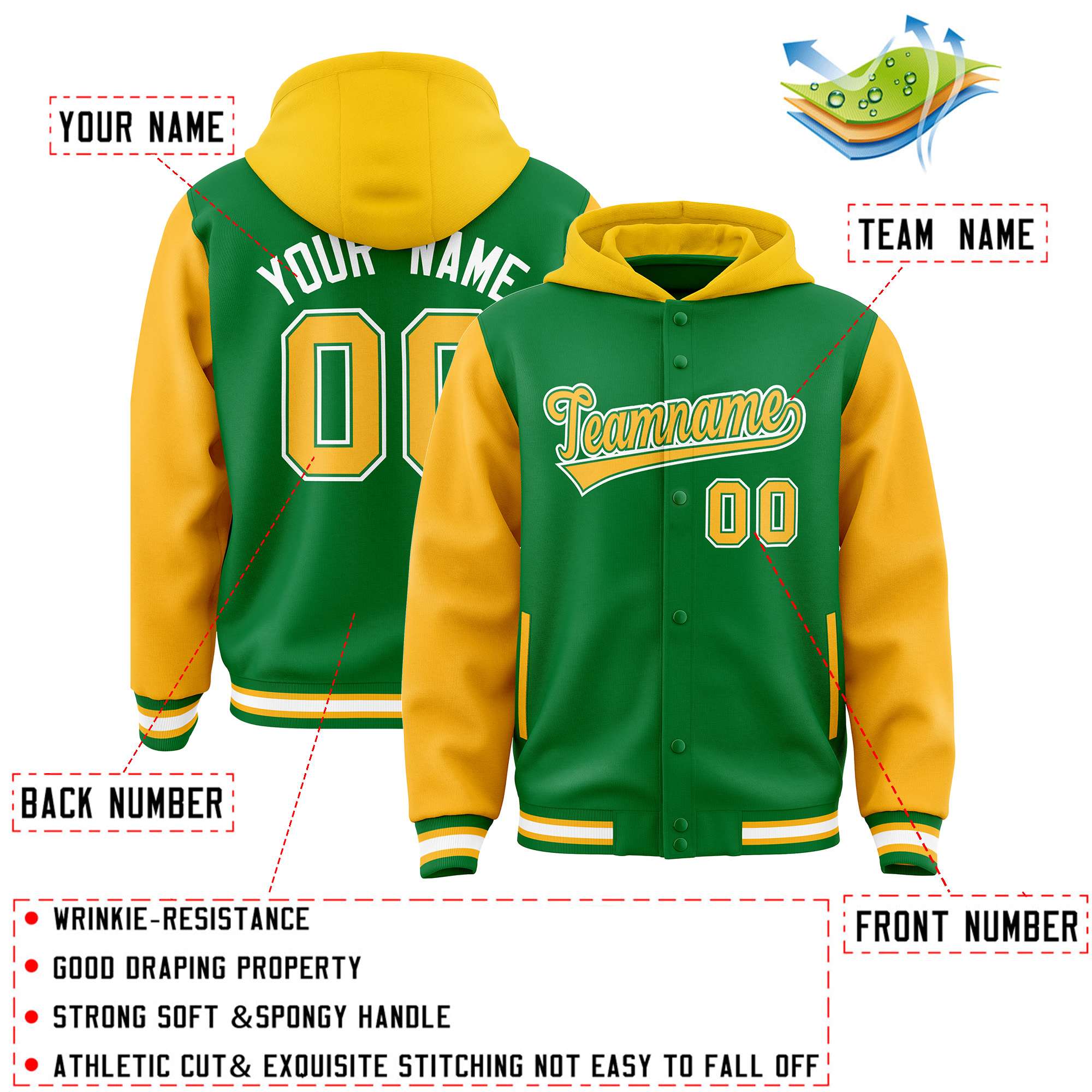 Custom Kelly Green Gold Raglan Sleeves Varsity Full-Snap Letterman Two Tone Hoodie Jacket