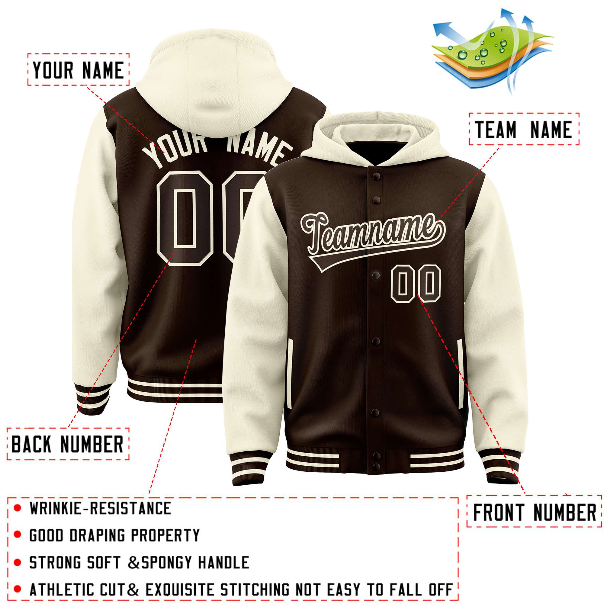 Custom Brown Cream Raglan Sleeves Varsity Full-Snap Letterman Two Tone Hoodie Jacket