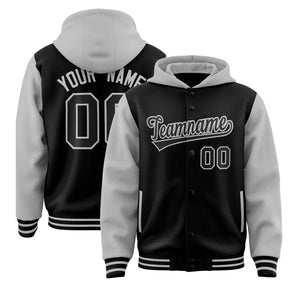 Custom Black Gray Raglan Sleeves Varsity Full-Snap Letterman Two Tone Hoodie Jacket