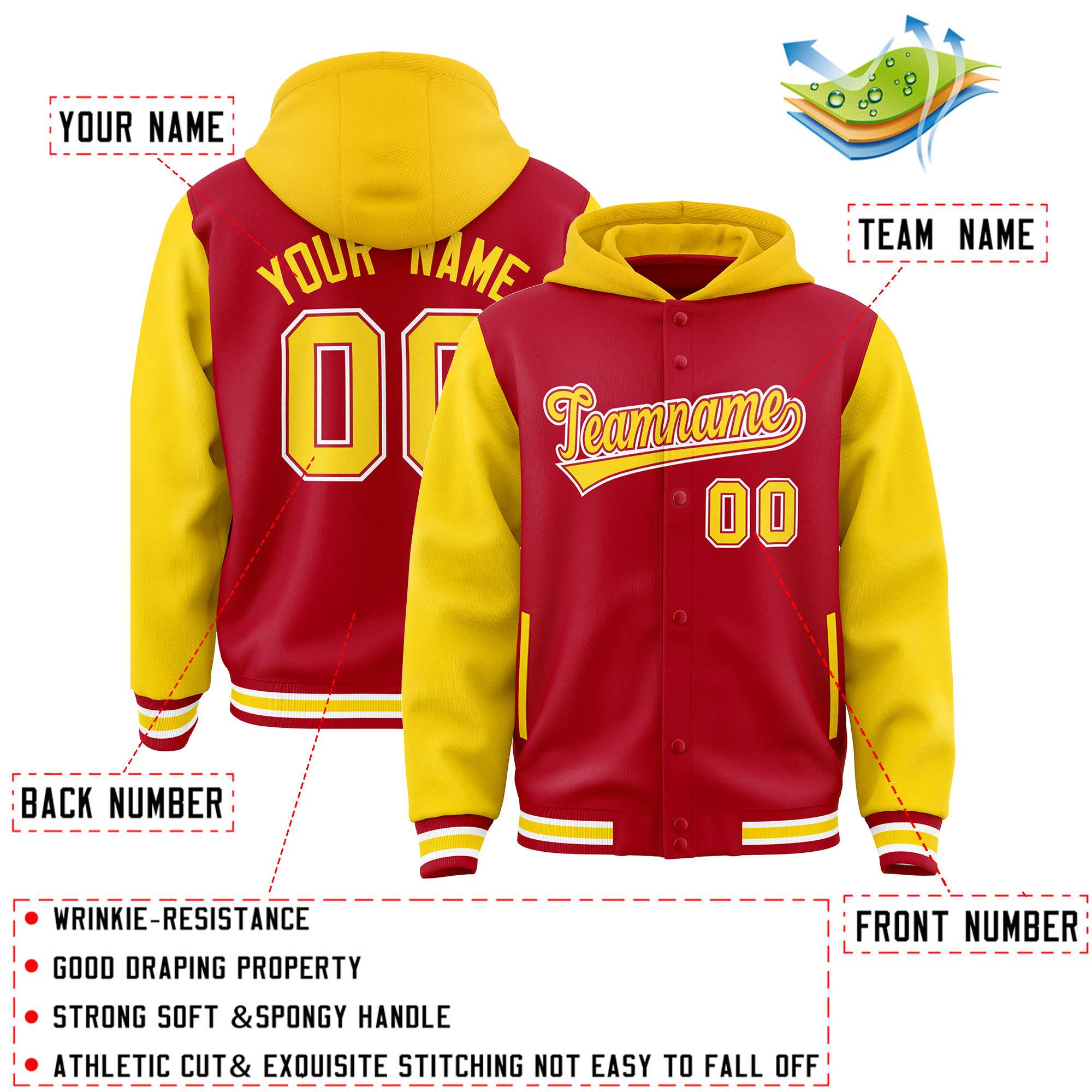 Custom Red Gold Raglan Sleeves Varsity Full-Snap Letterman Two Tone Hoodie Jacket