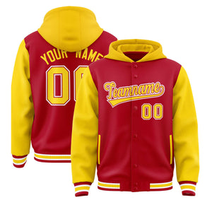 Custom Red Gold Raglan Sleeves Varsity Full-Snap Letterman Two Tone Hoodie Jacket