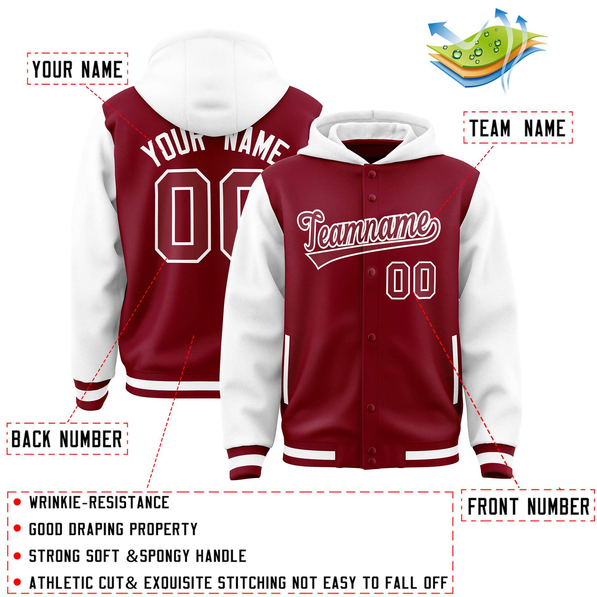 Custom Crimson White Raglan Sleeves Varsity Full-Snap Letterman Two Tone Hoodie Jacket