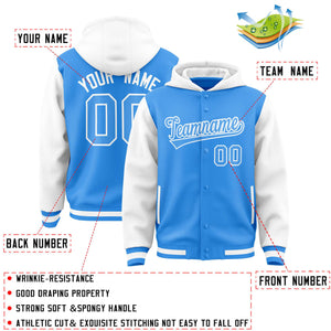 Custom Powder Blue White Raglan Sleeves Varsity Full-Snap Letterman Two Tone Hoodie Jacket