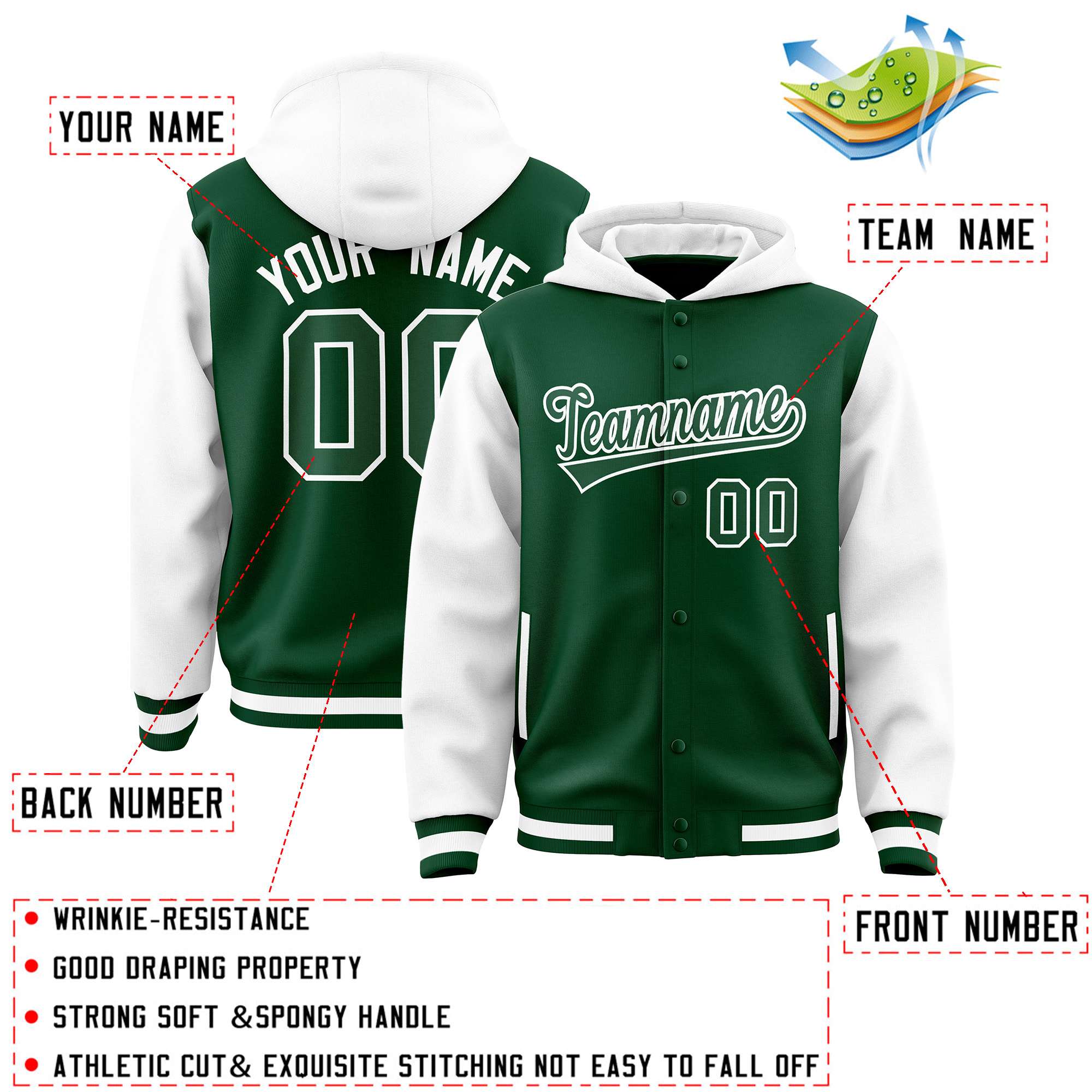 Custom Green White Raglan Sleeves Varsity Full-Snap Letterman Two Tone Hoodie Jacket